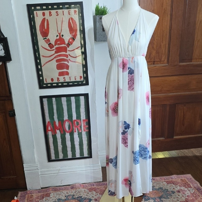 Hello Molly Cream Halter Dress with Pink & Blue Floral Accents