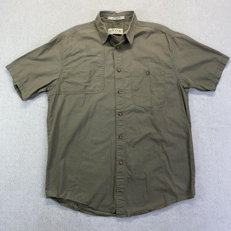 Orvis Shirt Mens Medium Green Short Sleeve Quilted Shooting Hunting Cotton