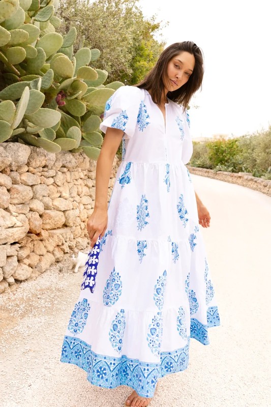 NWT Oliphant Puff Sleeve Maxi in Laguna Blue Floral Cotton Dress L $328 gallery