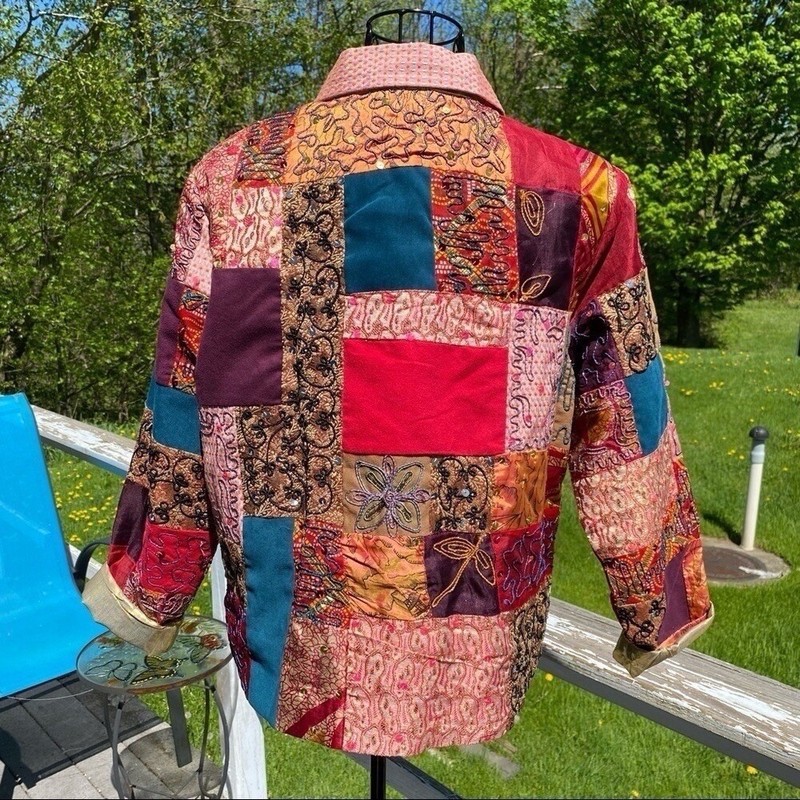 Vintage Alex Kim Wearable Art Patchwork Colorblock Sequined Jacket Petite Large gallery