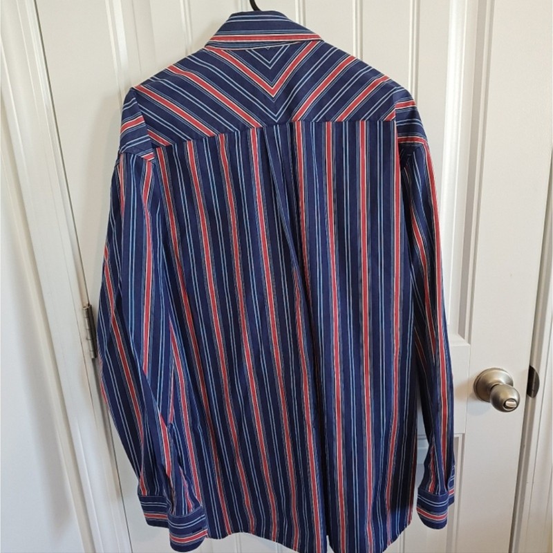 Men 80's Vintage Tommy Hilfiger Navy Blue Red White Striped Button-Down Shirt XL gallery