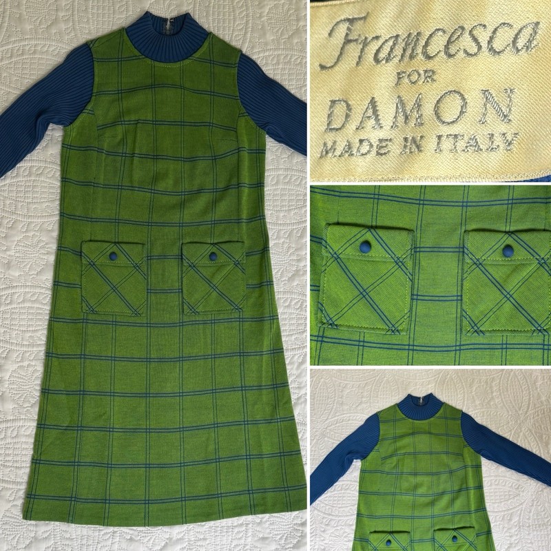 VTG 60’s Francesca For Damon Italy Green Blue Dress S/M Long sleeve MOD GoGo MCM