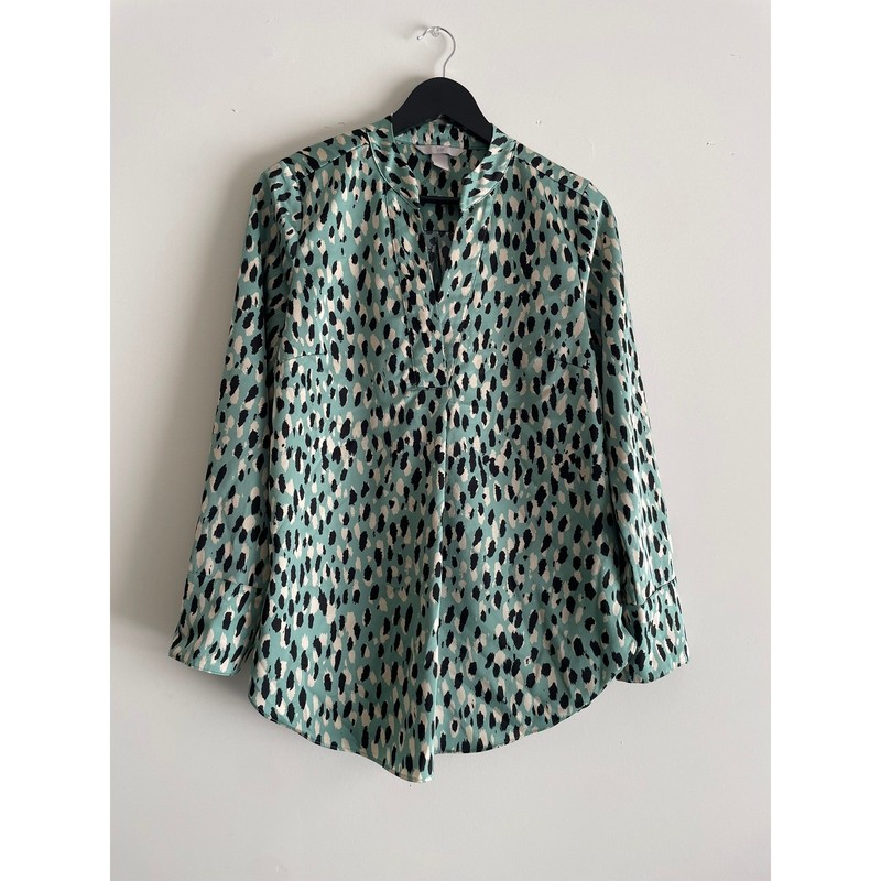 HM Womens Mint Green Abstract Animal Print Satin Blouse Split Neck Top Small