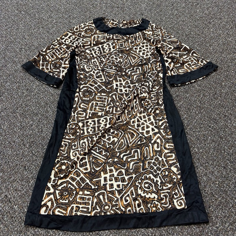 1970s Tribal African Dress True Vintage Patterned Rare White Brown Black Small
