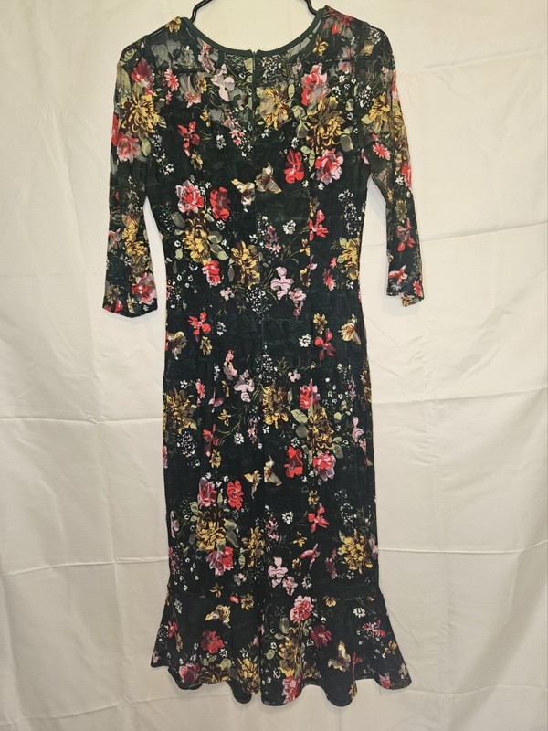 Vishow Yermoq Black Multicolor Floral Lace Midi Dress S 3/4 Sleeve Round Neck gallery