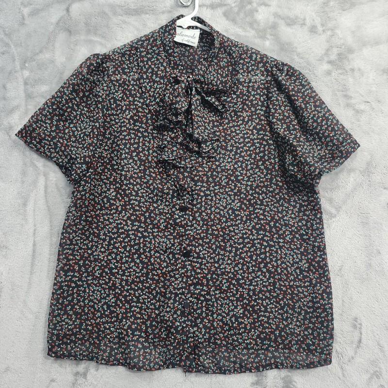 Vintage Alamode Of California Top Womens M Black Sheer Bow Ruffled Short Sleeve