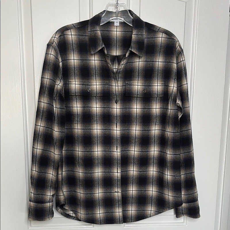 EUC JAMES PERSE womens Black, blue & Cream Plaid cotton flannel Shirt sz small