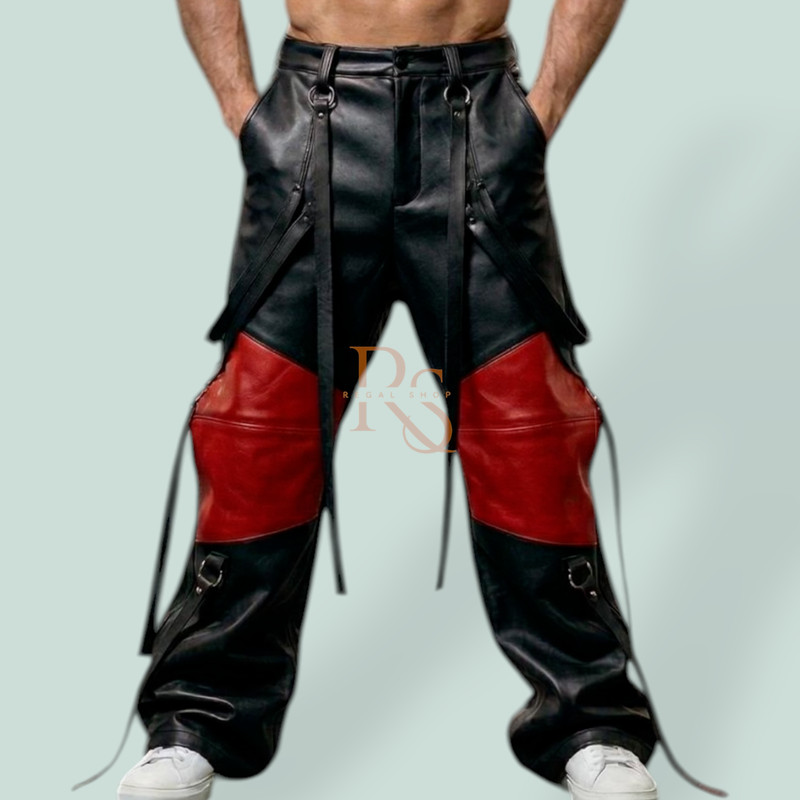 Mens Genuine Lambskin Leather Pants Black Red Biker Gothic Straps Lace Up
