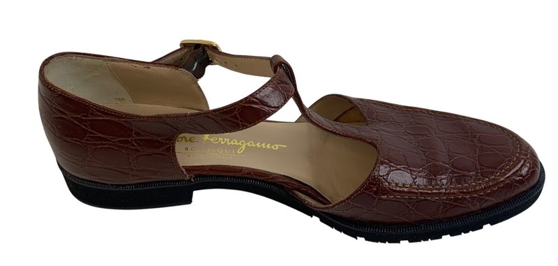 VTG 80s / 90s Ferragamo Boutique Croc Embossed Mary Jane Shoes Flats Sz 7 AA