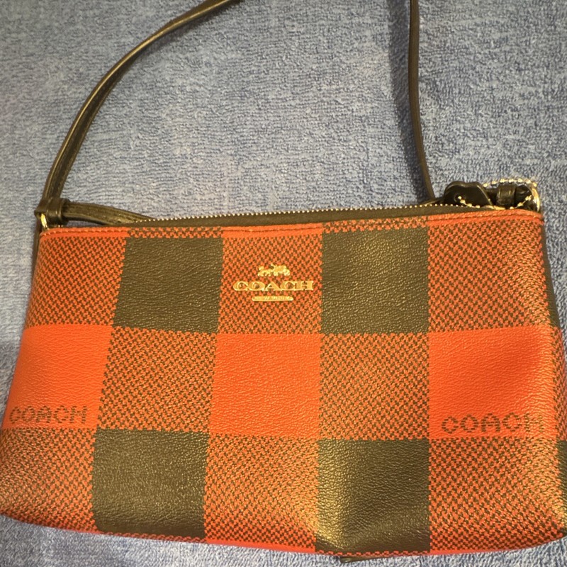 Coach Checkered Orange Brown Zip Wristlet Pouch Wrist Strap Gold Hardware