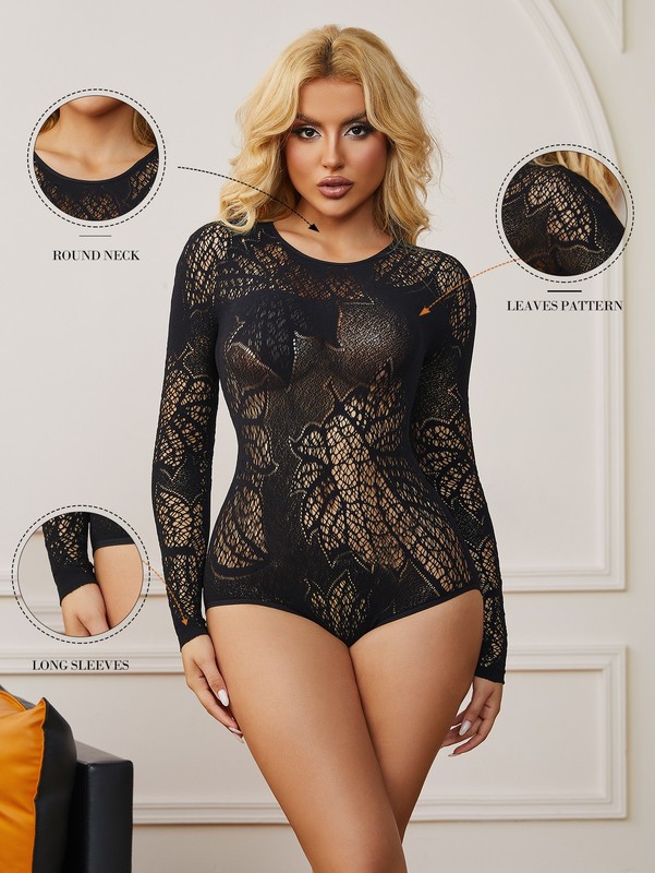 US STOCK Women’s Lace See Through Long Sleeve Sheer Mesh Romper Bodysuit Black