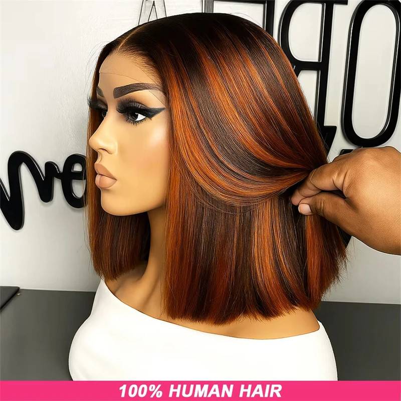 4/350 Highlight Bob Wig Human Hair 13x4 Lace Front Ginger Brown