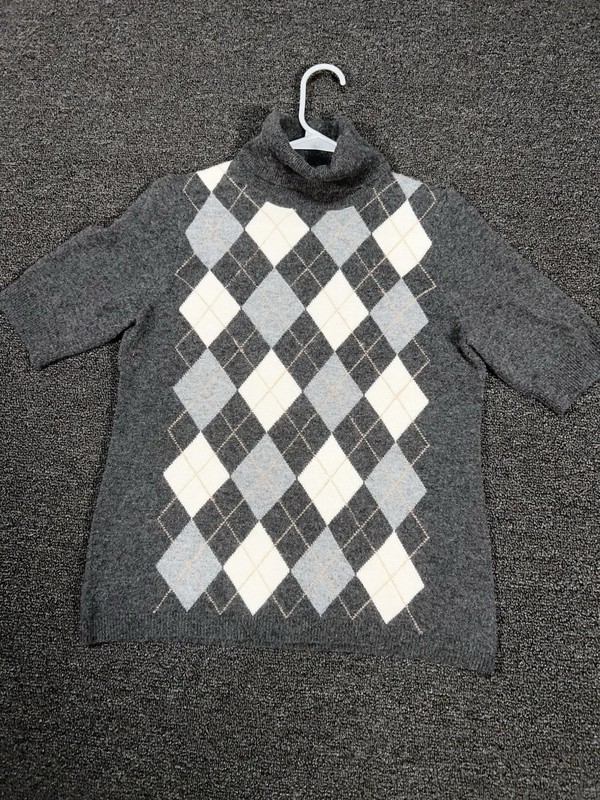 Simply Cashmere Sweater Women’s Large Gray Argyle Diamond Short Sleeve Pullover