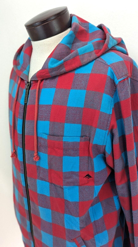 Emerica Men’s L Jerry HSU Signature FLANNEL Hoodie Jacket Blue Red Plaid Check *