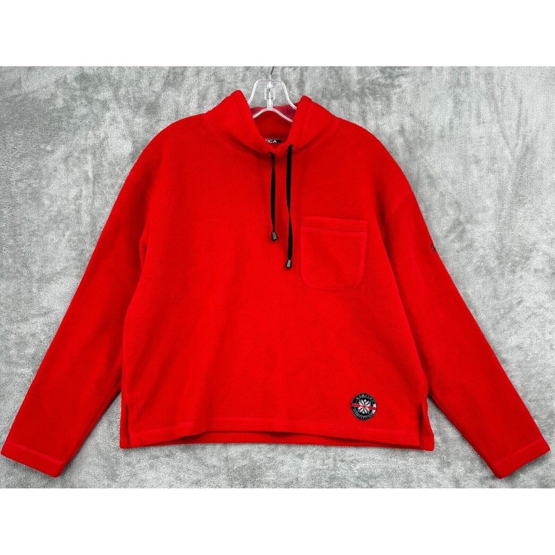 Vintage Nautica Sweatshirt Womens Large Fleece 90s Y2K Mock Logo Pocket Red