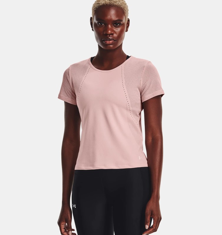 NEW Under Armour Womens short sleeve top, mesh, pink, UA engineered knit LARGE