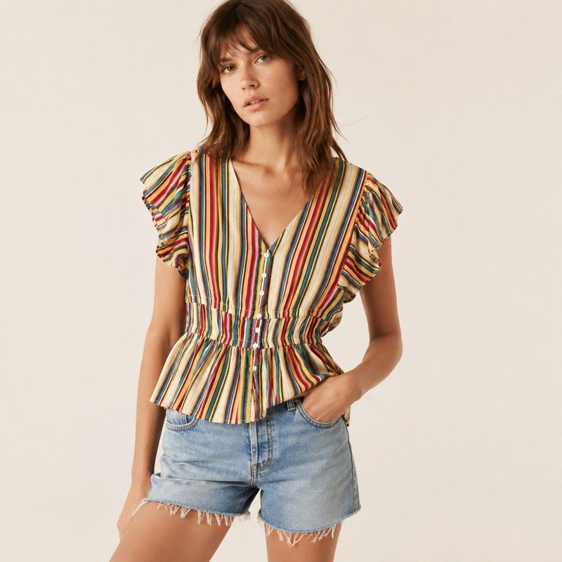 Jessica Simpson Womens Boho Striped Flutter Sleeve Peplum Top Multicolor M NEW