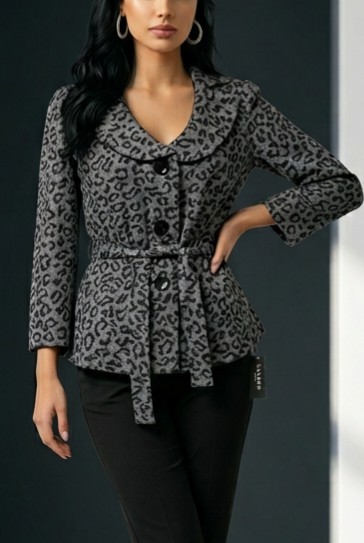 Sandro Sportswear Gray/Black Leopard Print Belted Button Front Lined Jacket S