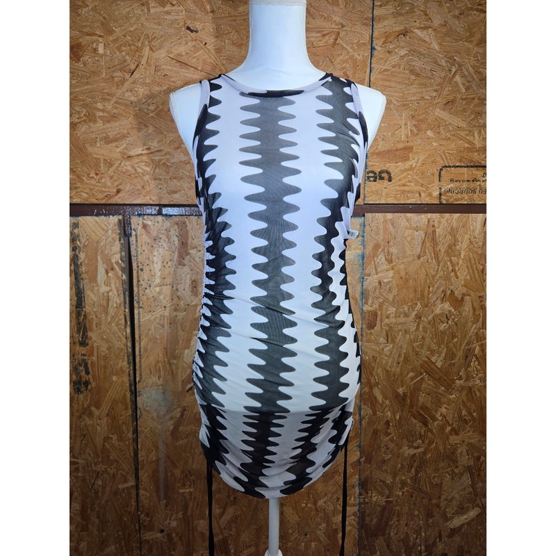 No Boundaries Womens Black White Wavy Mesh Ruched Bodycon Mini Dress Size M 7-9