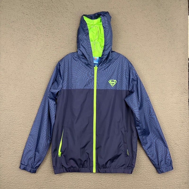 Superman Rain Jacket Medium Blue Colorblock Full Zip Hooded Pockets Outdoor Dad