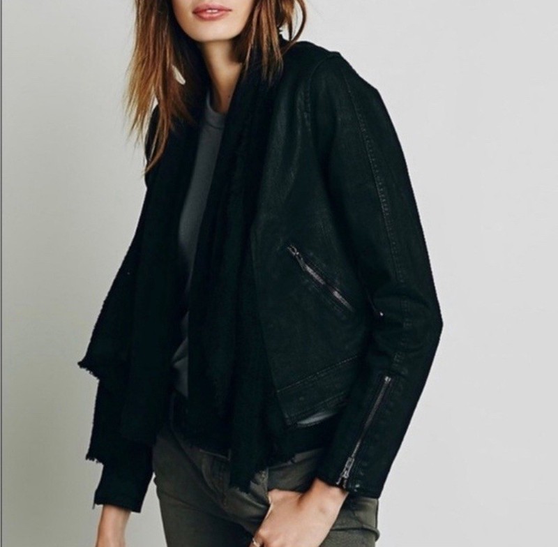 Free People Drape Knit Front Denim Knit Moto Biker Jacket Black Faded Size 4