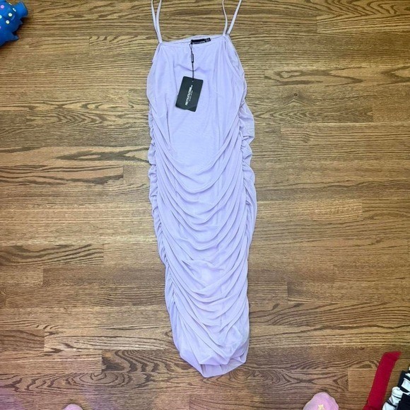PrettyLittleThing Lilac Mesh Ruched Midi Dress Spaghetti Strap Purple USA 6 NWT