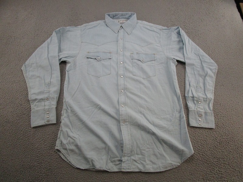 Schaefer Outfitter Texas Shirt Mens XL Blue Denim Western Pearl Snap Made in USA