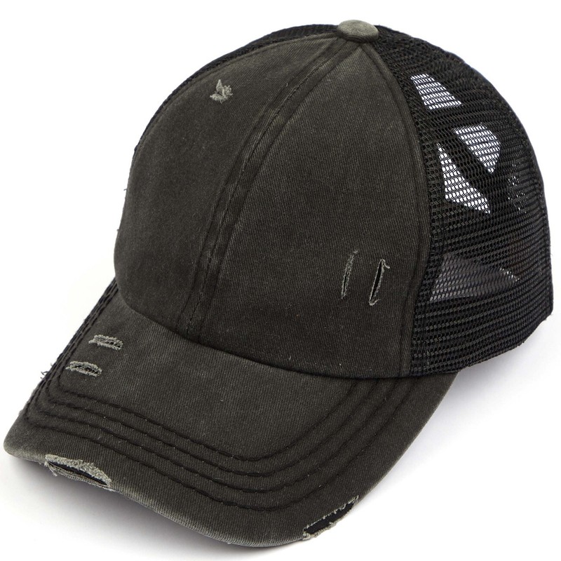 C.C Women’s Washed Denim Criss Cross Elastic Band Mesh Ponytail Mesh Pony Cap