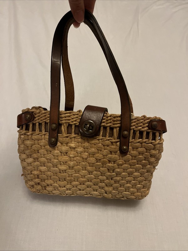 John Romain Signed Straw/Woven Seagrass Small Handbag/Purse w/Leather Straps