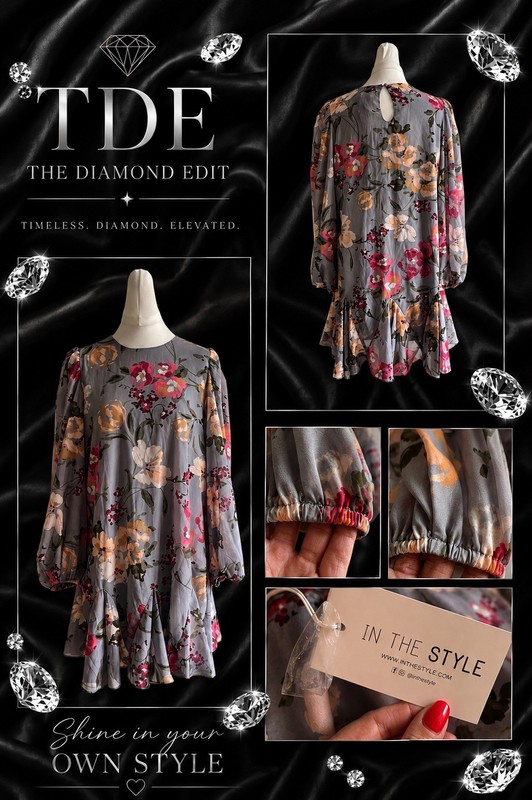 BNWT In The Style Floral Dress Size 10 Grey Pink Long Sleeve Tiered Dress