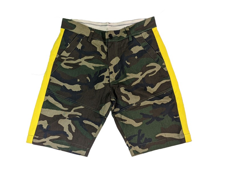 Men’s Camo Yellow Side Stripe Shorts, Size 28-38 (11″ Inseam) EST LXXXVI