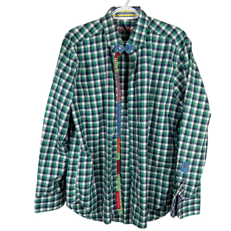 Robert Graham Button Down Shirt Mens L Green Gingham Contrast Paisley Cuffs