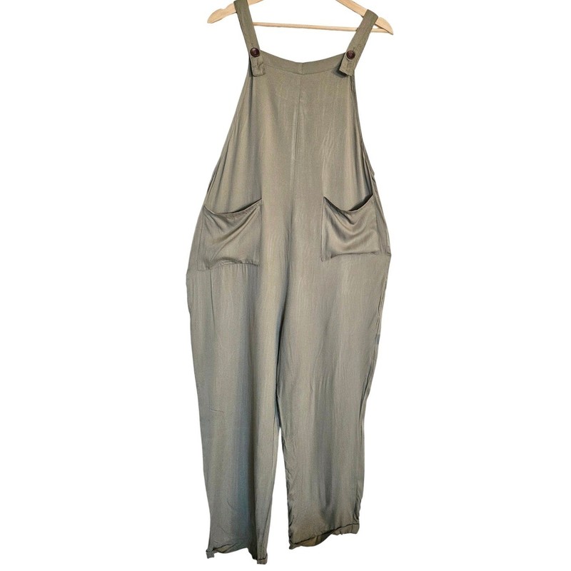 Olive Green Viscose Jumpsuit Overalls Wide Leg Button Strap Pockets Medium