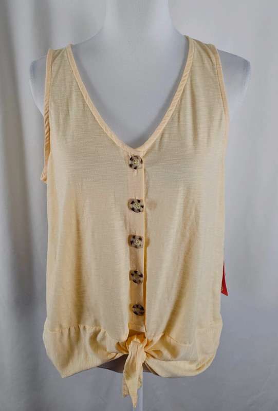 New 78 Sunny Womens Blouse Buttons Yellow Sleeveless Polyester Rayon Medium