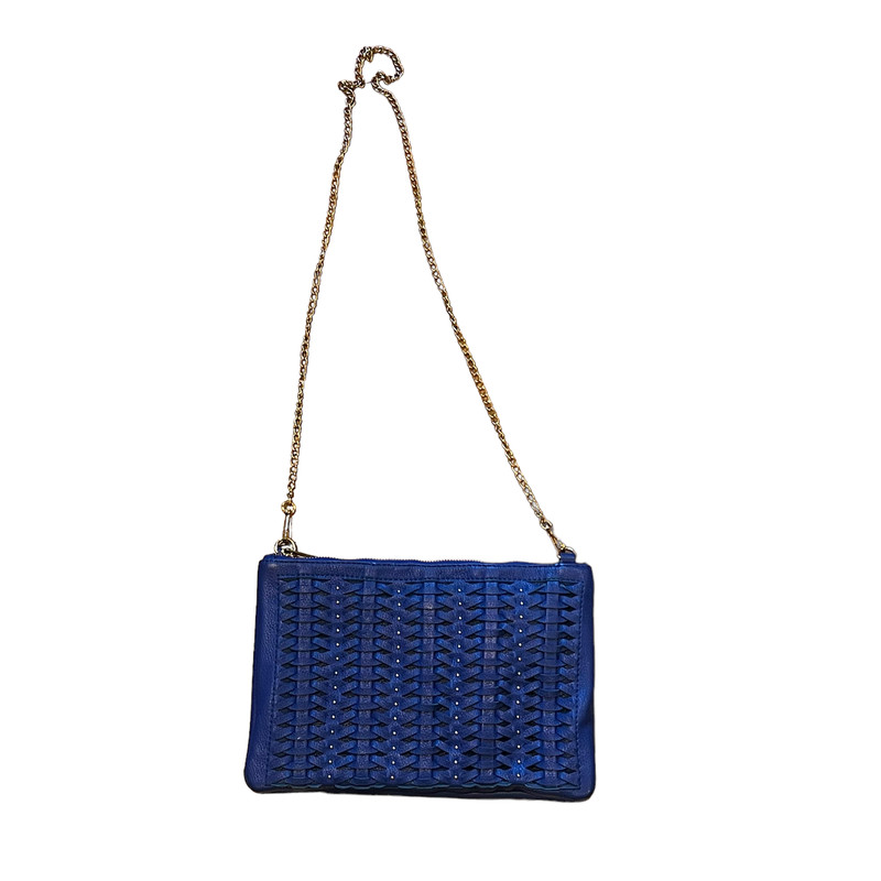 Street Level Womens Handbag Blue Weave Leather Clutch Crossbody Chain Strap