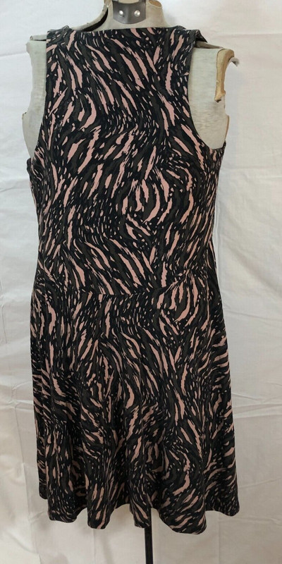 ATHLETA Animal Print Jersey Knit Fit & Flare Dress Sz M Brown Beige Sleeveless