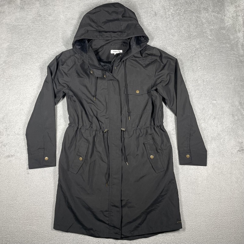 O’Neill Coat Womens M Black Parka Hooded Drawstring Full Zip Lined Pockets