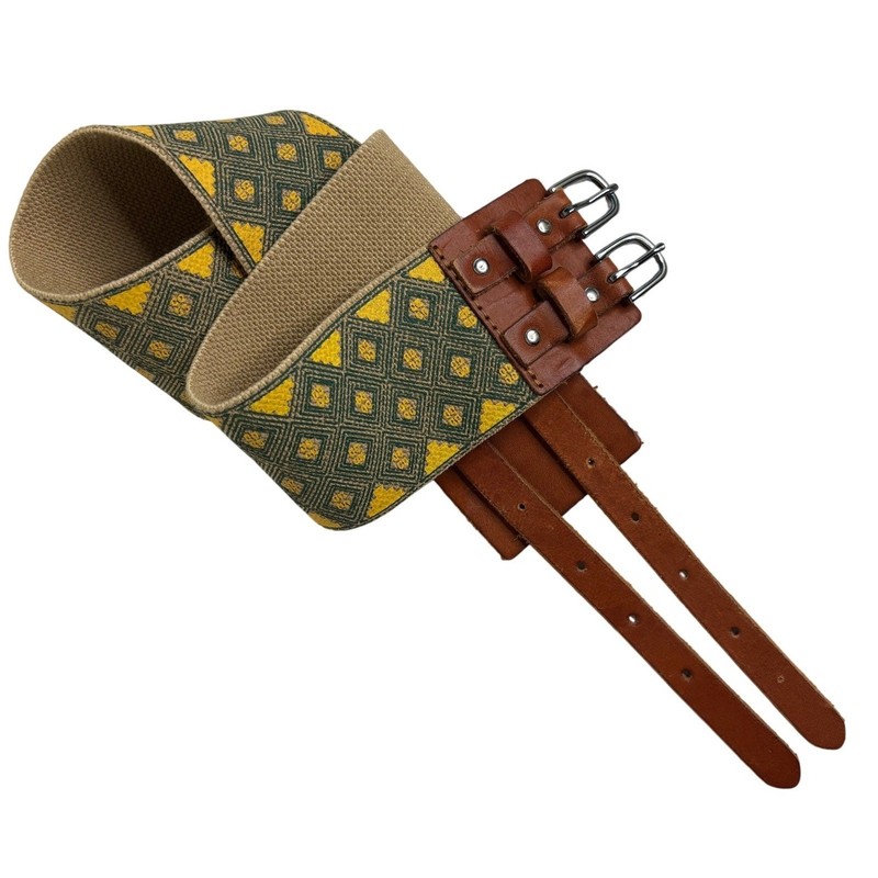 Linea Pelle Yellow Green Geometric Diamond Elastic Waist Belt Double Buckle M
