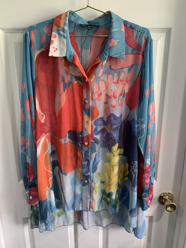 Claire Desjardins Women’s Button-Up Top Tunic Sz XL X-LARGE Blue Orange Artsy