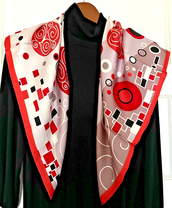35″x35″Red Art Patten Print Pure Mulberry Twill Silk14momme Scarf 88x88cm 6-46