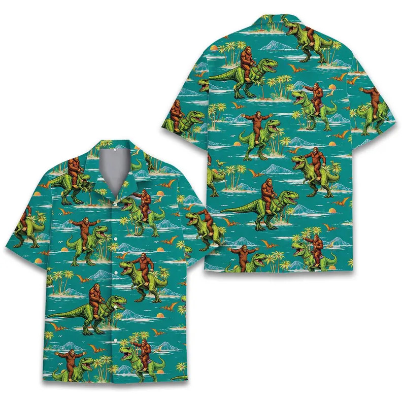 Tropical Bigfoot Riding Dinosaur Hawaiian Shirt Funny Sasquatch T Rex