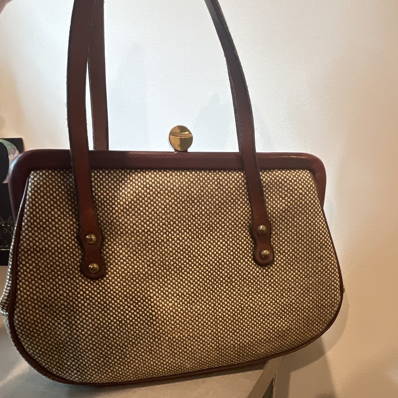 John Romain Woven Beige/Brown Top Handle Bag Kiss Lock Gold HW Buckle Pockets