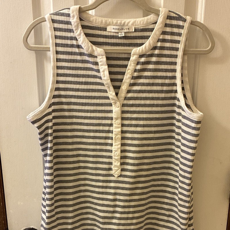 Rose + Olive Gray White Striped Knit Henley Button Tank Top Womens L