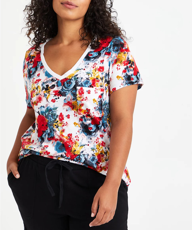 TORRID SKULL/FLORAL PRINT SHORT SLEEVE POCKET HERITAGE SLUB V-NECK TEE Sz 0 0X