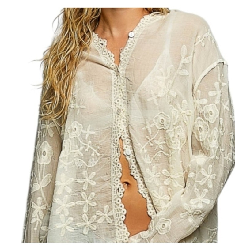 POL Bohemian Floral Embroidered Sheer Hooded Button Down Top In One Size