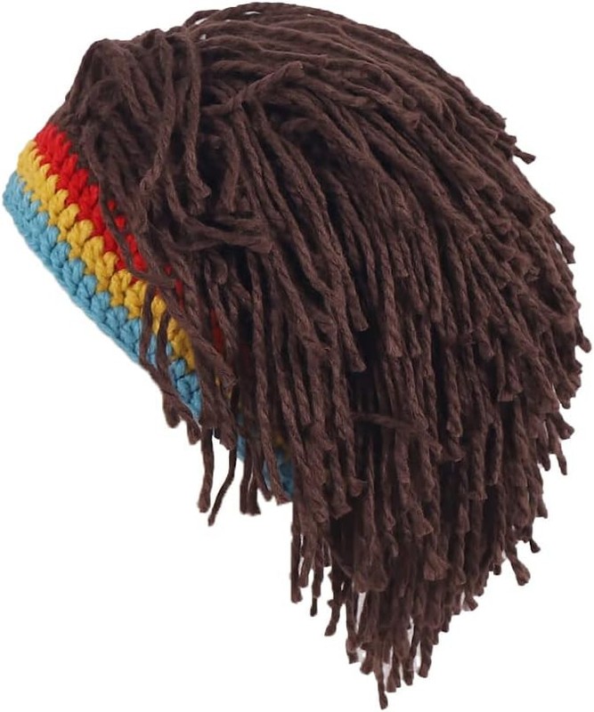 Men Women Knit Hat with Hair Boys Funny Handmade Beanie Rasta Hat with Dreadlock