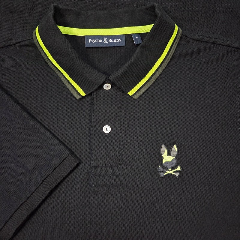 Psycho Bunny Mens 6 Black Plano Pique Neon Green Tipped Collar Logo Polo Shirt