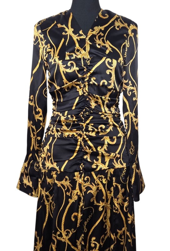 GANNI Baroque Print Silk Blend Ruched Midi Dress Black Gold EU 36 US 4 gallery