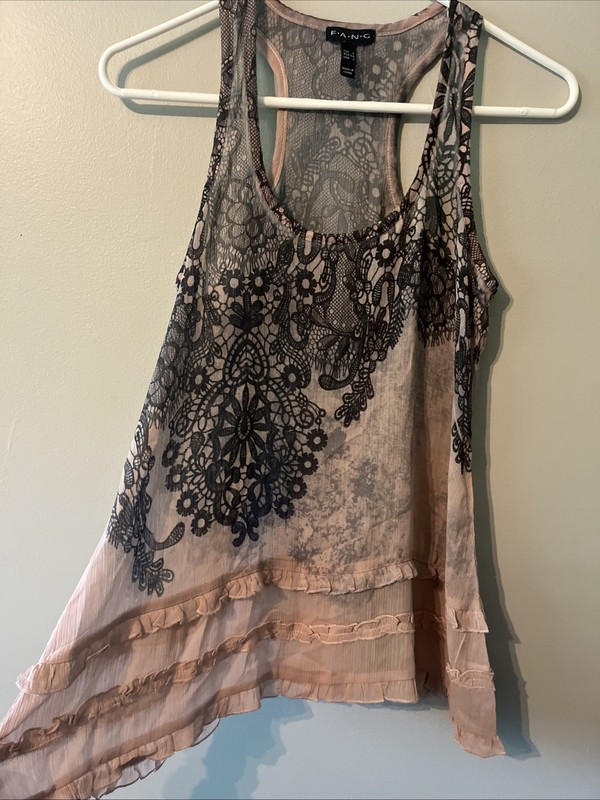 Women’s Y2K Fang Razorback Blush Pink Black Sleeveless Semi Sheer Tank Top Small gallery