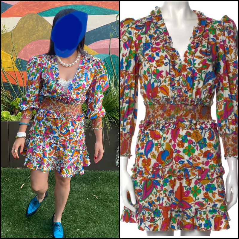 HOUSE of HARLOW 1960 Floral Flowers Puff Sleeve V-Neck Ruffled Mini Dress S